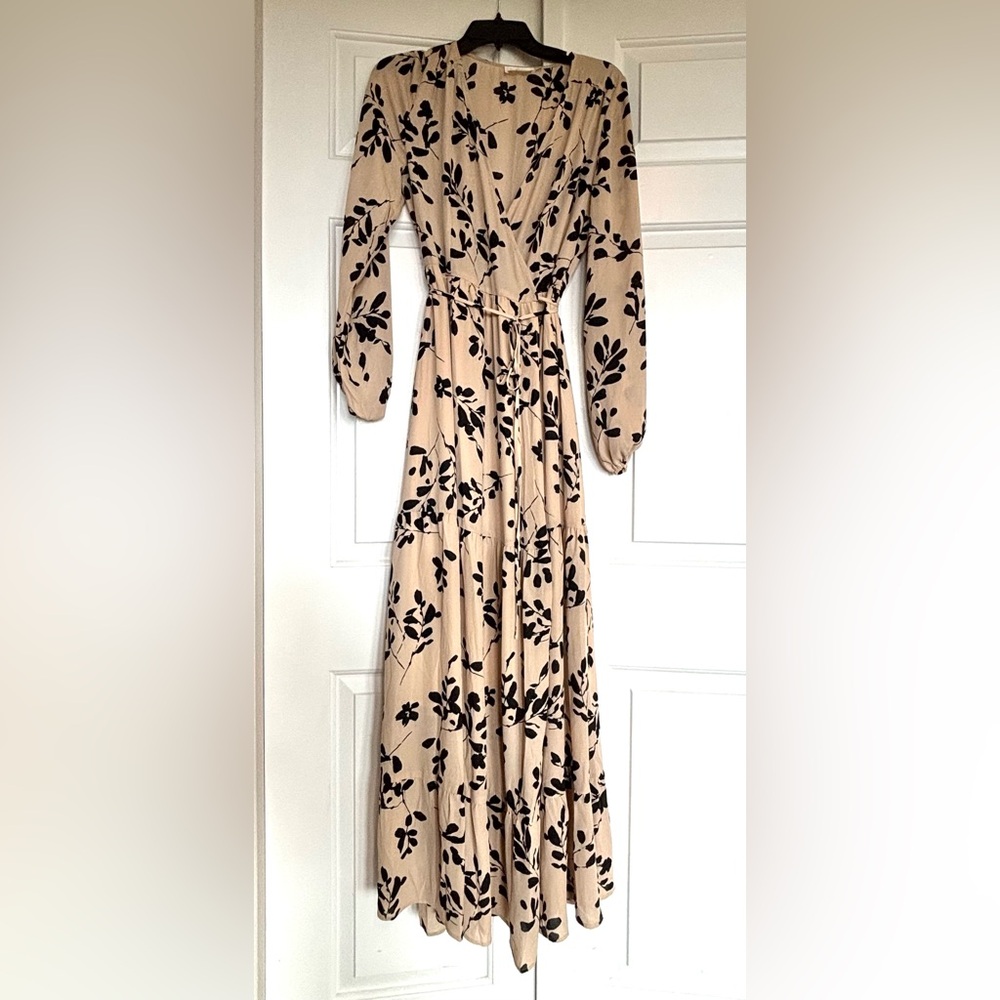 Bohme Black and Tan Floral Wrap Maxi Dress or Gown
